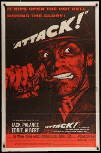7b054 ATTACK style B 1sh '56 Robert Aldrich, art of WWII soldier Jack Palance pulling grenade pin!