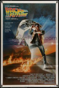 7b058 BACK TO THE FUTURE 1sh '85 Zemeckis, Drew art of Michael J. Fox & Delorean!