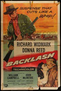 7b059 BACKLASH 1sh '56 cool art of Richard Widmark, Donna Reed, suspense that cuts like a whip!