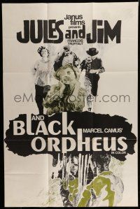 7b109 BLACK ORPHEUS/JULES & JIM 1sh '60s Francois Truffaut, Marcel Camus, cool stylized artwork!