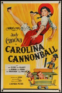 7b153 CAROLINA CANNONBALL 1sh '55 wacky art of Judy Canova on train tracks, sci-fi comedy!