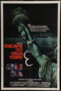 7b234 ESCAPE FROM NEW YORK advance 1sh '81 Carpenter, art of handcuffed Lady Liberty by Stan Watts!