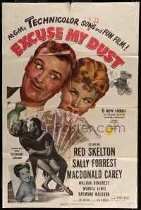 7b237 EXCUSE MY DUST 1sh '51 wacky art of Red Skelton, pretty Sally Forrest!