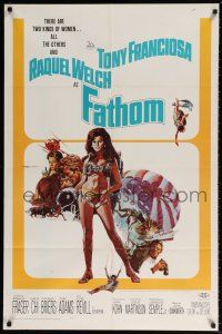 7b248 FATHOM 1sh '67 art of sexy nearly-naked Raquel Welch in parachute harness & action scenes!
