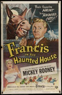 7b269 FRANCIS IN THE HAUNTED HOUSE 1sh '56 wacky art of Mickey Rooney w/Francis the talking mule!