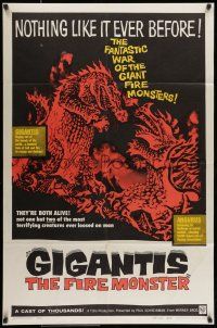 7b287 GIGANTIS THE FIRE MONSTER 1sh '59 cool art of Godzilla breathing flames at Angurus!