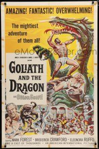 7b295 GOLIATH & THE DRAGON 1sh '60 cool fantasy art of Mark Forest battling the giant beast!
