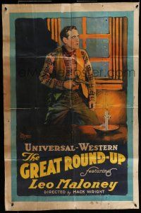 7b312 GREAT ROUND-UP 1sh '20 stone litho western artwork of Leo Maloney with gun by candle light!