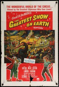 7b319 GREATEST SHOW ON EARTH style A 1sh R61 B. DeMille classic, Charlton Heston, James Stewart!