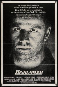 7b363 HIGHLANDER 1sh '86 super close up art of immortal Christopher Lambert in the title role!
