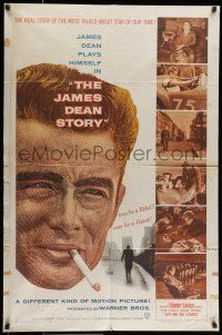 7b413 JAMES DEAN STORY 1sh '57 cool close up smoking artwork, was he a Rebel or a Giant?