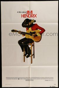 7b420 JIMI HENDRIX 1sh '73 cool art of the rock & roll guitar god playing on chair!