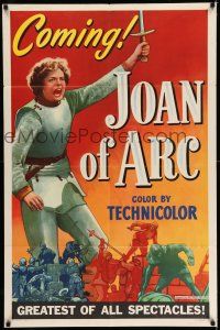 7b422 JOAN OF ARC style A teaser 1sh '48 art of Ingrid Bergman with sword and armor!