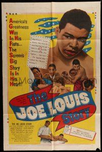 7b425 JOE LOUIS STORY 1sh '53 close up art of heavyweight champion boxer knocking out opponent!