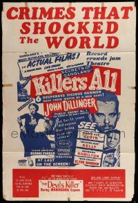 7b442 KILLERS ALL/DEVIL'S KILLER 1sh '57 John Dillinger, Bonnie & Clyde, true crime double bill!