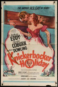 7b450 KNICKERBOCKER HOLIDAY 1sh '44 art of Nelson Eddy in stocks kissing Constance Dowling!