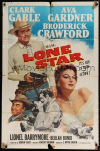 7b465 LONE STAR 1sh '51 artwork of Clark Gable with gun & kissing sexy Ava Gardner!