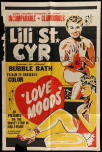 7b469 LOVE MOODS 1sh '52 silkscreen art of incomparable Lili St. Cyr in bubble bath!