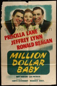 7b509 MILLION DOLLAR BABY 1sh '41 Priscilla Lane caught between Jeffrey Lynn & Ronald Reagan!