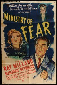7b513 MINISTRY OF FEAR 1sh '44 Fritz Lang, cool noir art of Ray Milland w/gun & Marjorie Reynolds!
