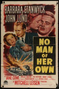 7b561 NO MAN OF HER OWN 1sh '50 Barbara Stanwyck, cool artwork of exploding train!