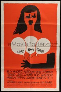 7b585 ONE, TWO, THREE 1sh '62 Billy Wilder, James Cagney, Saul Bass art of girl w/ balloons!