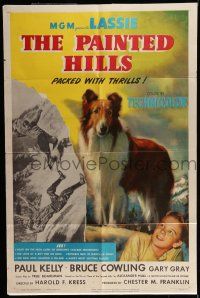 7b599 PAINTED HILLS 1sh '51 wonderful painted artwork of Lassie, saving man falling from cliff!