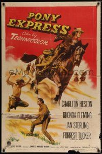 7b632 PONY EXPRESS 1sh '53 great art of Charlton Heston as Buffalo Bill on horseback!