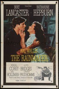 7b664 RAINMAKER 1sh '56 great romantic close up of Burt Lancaster & Katharine Hepburn!