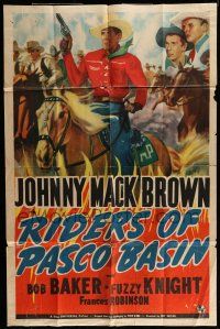7b689 RIDERS OF PASCO BASIN 1sh '40 cool western art of Johnny Mack Brown, Fuzzy Knight!