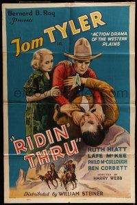 7b691 RIDIN' THRU 1sh '34 art of pretty Ruth Hiatt & cowboy Tom Tyler taking out baddie!