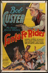 7b728 SANTA FE RIDES 1sh '37 great western art of Bob Custer falling off horse and w/ gun!