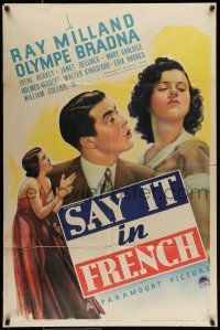 7b736 SAY IT IN FRENCH style A 1sh '38 Ray Milland & sexy Olympe Bradna close up!