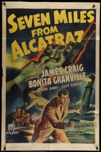7b774 SEVEN MILES FROM ALCATRAZ 1sh '42 cool art of James Craig escaping with gun!