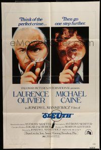 7b824 SLEUTH 1sh '72 close-ups of Laurence Olivier & Michael Caine with magnifying glasses!