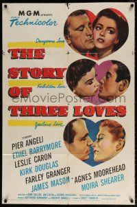 7b852 STORY OF THREE LOVES 1sh '53 Kirk Douglas, Pier Angeli, Leslie Caron, Granger, Mason