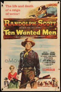 7b871 TEN WANTED MEN 1sh '54 cool artwork of cowboy Randolph Scott with two six-guns!