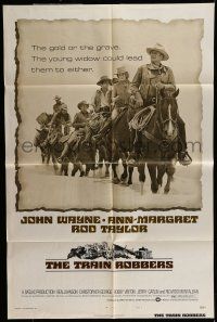 7b914 TRAIN ROBBERS style B 1sh '73 cowboy John Wayne & Ann-Margret on horseback!