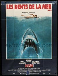 7c841 JAWS French 1p '75 art of Steven Spielberg classic man-eating shark attacking sexy swimmer!