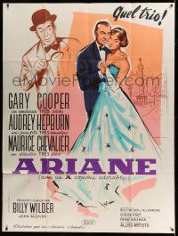 7c876 LOVE IN THE AFTERNOON French 1p '57 Bertrand art of Gary Cooper, Audrey Hepburn & Chevalier!