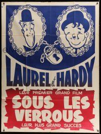 7c918 PARDON US French 1p R50s different art of Stan Laurel & Oliver Hardy in chains w/ lock!