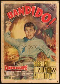 7c531 BANDIDO Italian 1p '56 different Manno art of Robert Mitchum with gun in Mexico by Manno!