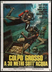 7c575 DEADLY JAWS Italian 1p '74 cool art of German scuba divers with sunken treasure & skull!