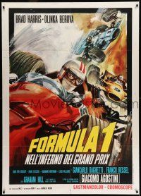 7c656 MANIACS ON WHEELS Italian 1p '70 cool Formula One car racing art by Renato Casaro!