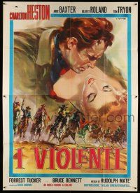 7c512 THREE VIOLENT PEOPLE Italian 2p R64 different Stefano art of Charlton Heston & Anne Baxter!