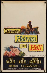 7c109 BETWEEN HEAVEN & HELL WC '56 barechested Robert Wagner romances sexy Terry Moore on ground!