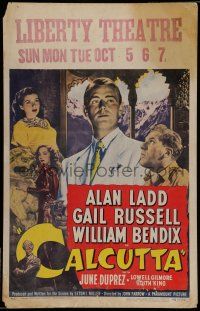7c128 CALCUTTA WC '46 great image of Alan Ladd pointing gun, sexy Gail Russell & Bendix in India!