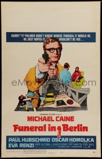 7c185 FUNERAL IN BERLIN WC '67 cool art of Michael Caine pointing gun, directed by Guy Hamilton!