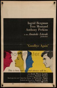 7c195 GOODBYE AGAIN WC '61 art of Ingrid Bergman between Yves Montand & Anthony Perkins!
