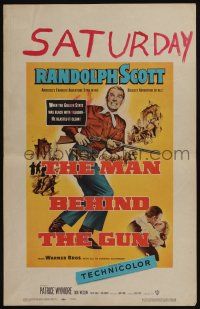 7c252 MAN BEHIND THE GUN WC '52 Randolph Scott blasted the Golden State clean of treason!